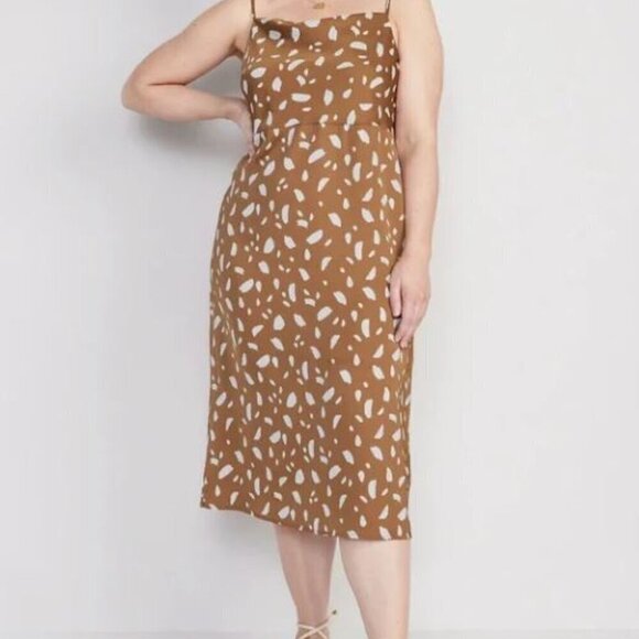 Old Navy Brown Cream Print Cowl Neck Satin Midi Slip Dress Size 2X - Picture 1 of 8